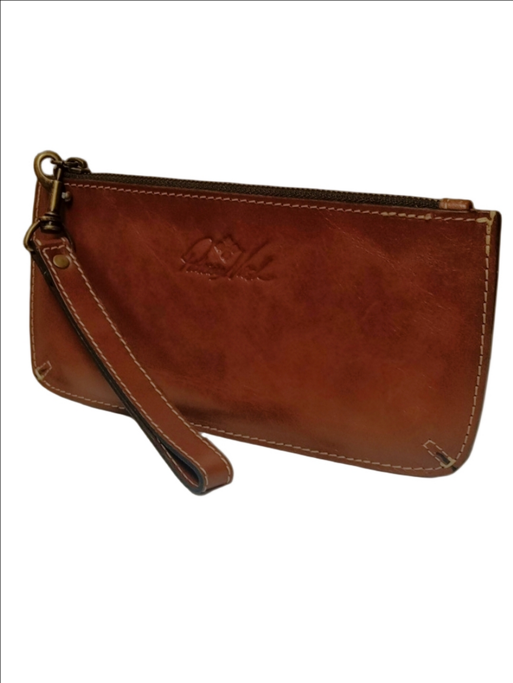 PATRICIA NASH BROWN LEATHER ZIPPERED WRISTLET CLUTCH